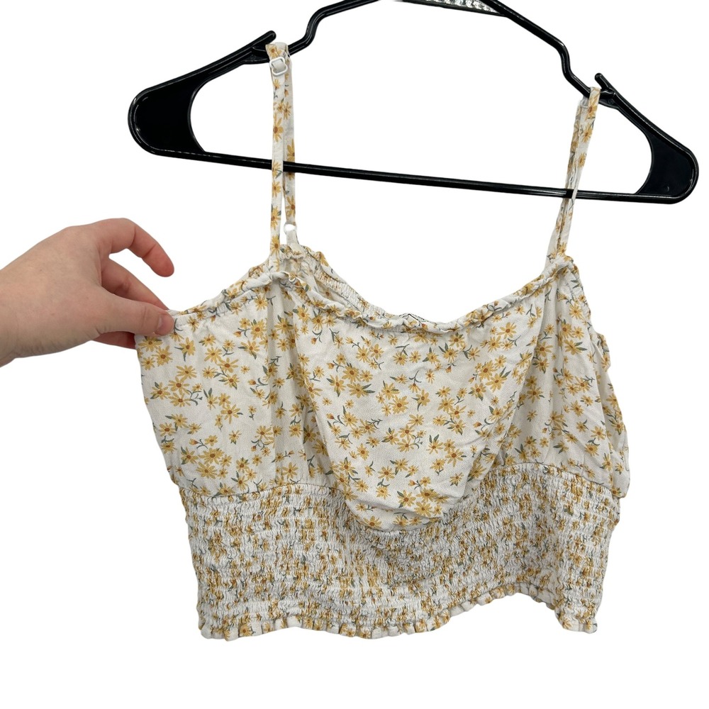 Cottagecore Floral Smocked Crop Top L Yellow Cami Coquette Soft Girl Summer